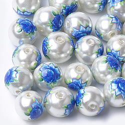 Printed & Spray Painted Imitation Pearl Glass Beads, Round with Flower Pattern, Gainsboro, 8~8.5x7.5mm, Hole: 1.4mm(GLAA-S047-06A-05)