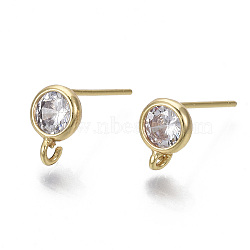 Brass Micro Clear Cubic Zirconia Stud Earring Findings, with Loop, Nickel Free, Flat Round, Real 18K Gold Plated, 8x6mm, Hole: 1.2mm, Pin: 0.7mm(KK-R132-063-NF)