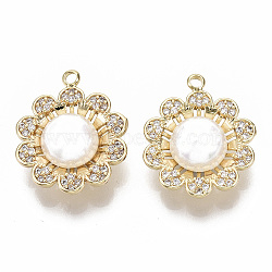 Brass Micro Cubic Zirconia Pendants, with ABS Plastic Imitation Pearl Beads, Nickel Free, Real 18K Gold Plated, Flower, Creamy White, 18.5x15.5x7mm, Hole: 1.5mm(KK-N231-74-NF)