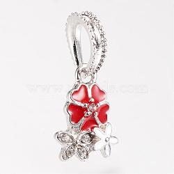 Alloy Enamel European Dangle Charms, with Rhinestones, Flower, Large Hole Pendants, Platinum, Red, 26~27mm, Hole: 5x8mm(MPDL-S051-01)