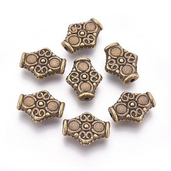 Tibetan Style Alloy Beads, Cadmium Free & Nickel Free & Lead Free, Rhombus, Antique Bronze Color, about 15mm long, 12.5wide, 4.5mm thick, hole: 1.5mm