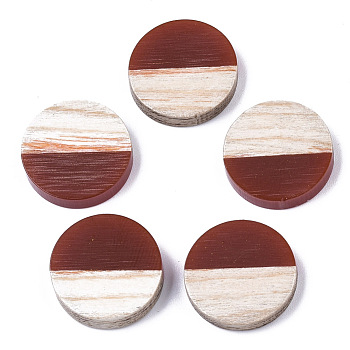 Resin & Wood Cabochons, Flat Round, Two Tone, Dark Red, 15x3.5mm