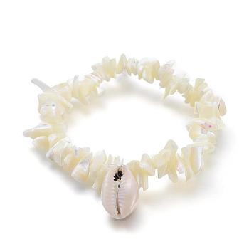 White Shell Chip Beads Charm Stretch Bracelets, with Cowrie Shell Pendants, 2 inch(5.1cm), 5~12x2~6mm, 20x13.5x7mm
