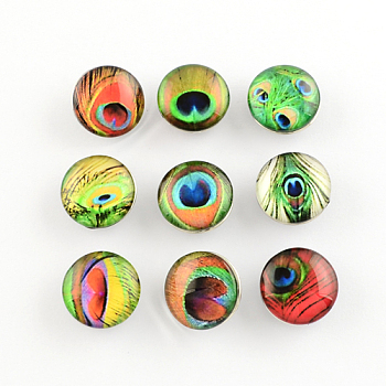 Brass Glass Cabochons Buttons, Jewelry Snap Buttons, Flat Round with Pattern, Mixed Color, 10x18mm, Knob: 5~5.5mm