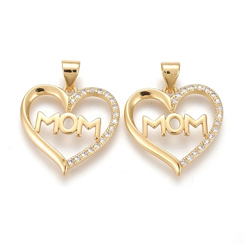 Brass Micro Pave Clear Cubic Zirconia Pendants, Long-Lasting Plated, with Snap On Bails, for Mother's Day, Heart with Word Mom, Golden, 18.5x19x2mm, Hole: 4.5~3.5mm