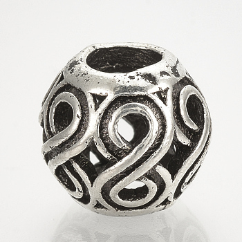 Alloy European Beads, Large Hole Beads, Hollow Rondelle, Antique Silver, 12x10mm, Hole: 5mm