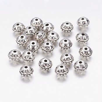 Tibetan Style Alloy Beads, Round, Lead Free & Cadmium Free, Antique Silver, about 8mm in diameter, 7mm thick, hole: 1.5mm