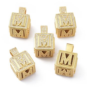 Alphabet Brass Micro Pave Clear Cubic Zirconia Pendants, Real 18K Gold Plated, Cube with Letter, Letter.M, 26x17x17mm, Hole: 5x8mm