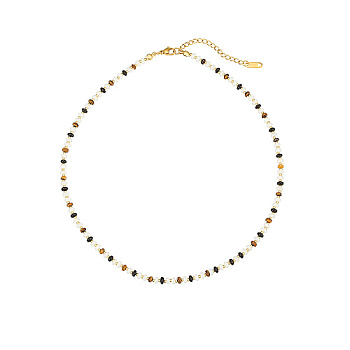 Natural Tiger Eye Beaded Necklace, with Stainless Steel Clasps, Real 18K Gold Plated, 15.75 inch(40cm)