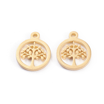 304 Stainless Steel Charms, Laser Cut, Ring with Tree of Life, Golden, 12x10x1mm, Hole: 1.2mm