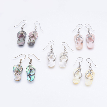 Shell Dangle Earrings, with Brass Findings, Flip Flops, Mixed Color, 40~41mm, Pin: 0.7mm