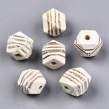 Painted Natural Wood Beads, Laser Engraved Pattern, Faceted, Polygon with Zebra-Stripe, Light Yellow, 12x12x12mm, Hole: 3mm