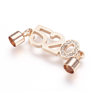304 Stainless Steel Cord Ends, End Caps, with Rhinestone Links, Number 520, Rose Gold, 33mm, Hole: 3.5mm, Cord End: 8x4mm