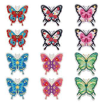 SUPERFINDINGS 12Pcs 6 Colors Transparent Acrylic Pendants, Butterfly, Mixed Color, 36~36.5x38x2~2.5mm, Hole: 2mm, 2pcs/color