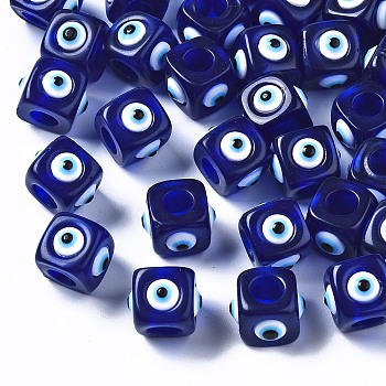 Resin European Beads, Large Hole Beads, Cube with Evil, Dark Blue, 14x14x11mm, Hole: 6mm
