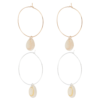 2 Pairs 2 Colors Natural Shell Dangle Big Hoop Earrings, Alloy Basketball Wives Earrings for Women, Platinum & Light Gold, 63~66mm, Pin: 0.8mm, 1 Pair/color