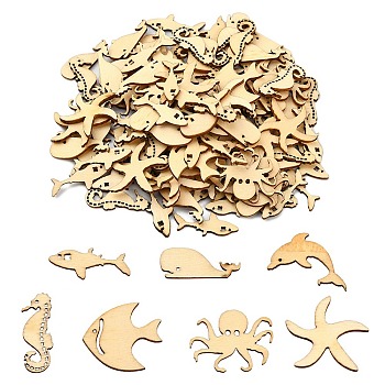 100Pcs Sea Theme Wood Canochons, Mixed Shapes, Blanched Almond, 10~25x9~25x1.5mm