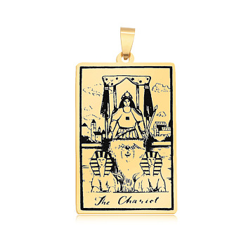 201 Stainless Steel Pendants, Laser Engraved Pattern, Tarot Card Pendants, Golden, The Chariot VII, 40x24x1mm, Hole: 8x4mm