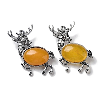 Alloy Elk Brooches, with Natural Yellow Agate, Antique Silver, 49.5x49x14mm