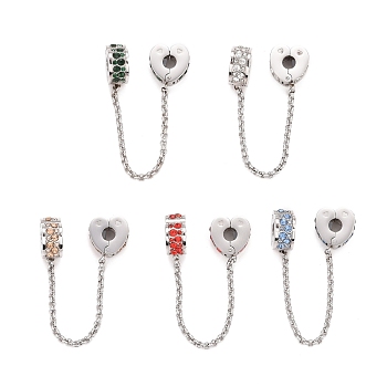 304 Stainless Steel Heart Safety Chain Clip Lock Stopper Charms, European Clasps, with Rhinestone, Stainless Steel Color, for European Charm Bracelets, Mixed Color, 82mm, Hole: 3.5mm