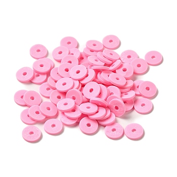 Handmade Polymer Clay Beads, for DIY Jewelry Crafts Supplies, Disc/Flat Round, Heishi Beads, Flamingo, 8x1mm, Hole: 1.5mm, about 10000pcs/bag