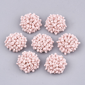 Glass Seed Beads Cabochons, with Iron Sieve Findings, Light Gold, Pink, 19~21x9~10mm