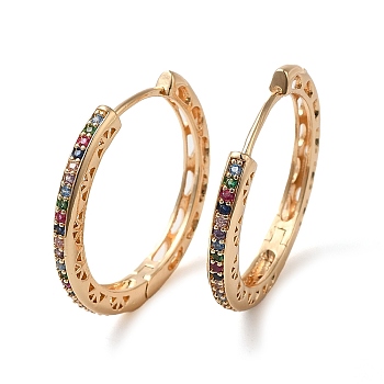 Brass Micro Pave Colorful Cubic Zirconia Hoop Earrings for Women, Hollow Leaf, Light Gold, 28x3mm