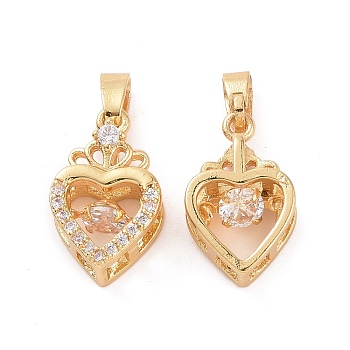 Brass Micro Pave Clear Cubic Zirconia Pendants, Heart with Crown Charms, Real 18K Gold Plated, 15.5x9.5x6mm, Hole: 5x3mm