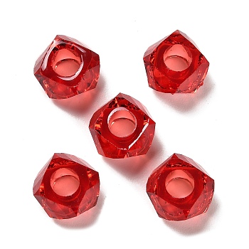 Transparent Resin European Beads, Large Hole Beads, Faceted, Polygon, Red, 13~13.5x8mm, Hole: 5.7mm