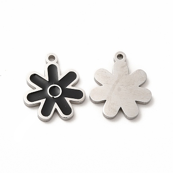 304 Stainless Steel Charms, with Enamel, Flower, Black, 14x12x1mm, Hole: 1.2mm