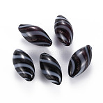 Handmade Blown Glass Globe Beads, with Glitter Powder, Stripe Pattern, Rice, Black, 25~27x12~13mm, Hole: 1~2mm(GLAA-T012-14)