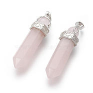 Natural Rose Quartz Pointed Pendants, with Platinum Tone Brass Findings, Bullet, 49~51x14~15x13mm, Hole: 5x8mm(G-I214-H02)