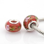 Handmade Gold Sand Lampwork European Large Hole Rondelle Beads, Inner Flower, with Silver Plated Brass Double Cores, FireBrick, 15x10mm, Hole: 5mm(X-LPDL-M010-04)