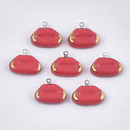 Handmade Porcelain Charms, Bright Glazed Porcelain, with Brass Findings, Lip, Platinum, Red, 14~15x17x4mm, Hole: 1.5mm(PORC-T002-74)