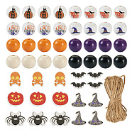 Pandahall 13 Styles Halloween Spray Painted Natural Wood Beads, Mixed Shapes, with 5M Jute Cord, Mixed Color, Bead: 8~20x1~20x1~16mm, Hole: 2~4mm(WOOD-TA0001-85)