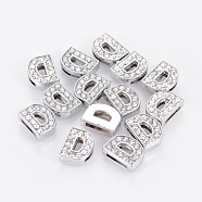 Alloy Initial Slide Charms with Grade A Rhinestones, Lead Free & Nickel Free, Platinum, Letter.D, 12.5x9.5x4.5mm, Hole: 8x2mm(ALRI-R032-D-FF)