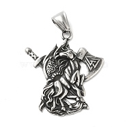304 Stainless Steel Manual Polishing Pendants, Nordic Mythology Viking Axe Odin Vintage Amulet with Valknut, Antique Silver, 41x35x4mm, Hole: 4x8mm(STAS-G274-07AS)