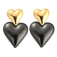 304 Stainless Steel Double Heart Dangle Stud Earrings for Women, Black, 32.5x20mm(EJEW-D076-01F-EB)