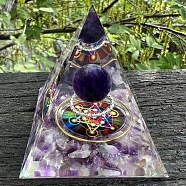 Resin Display Decoration, with Natural Amethyst, with Random Color Brass Finding, for Home Decoration, Pyramid, 60x60x60mm(PW-WG56581-24)