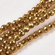 Electroplate Non-magnetic Synthetic Hematite Beads Strands, Faceted, Round, Grade A, Golden Plated, 3mm, Hole: 1mm, about 127pcs/strand, 16 inch(G-J169B-3mm-04)