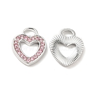 Rhinestone Pandants, with Rack Plating Platinum Alloy Findings, Nickel Free, Hollow Out Heart Charms, Light Padparadscha, 13x11x1.5mm, Hole: 2x3.5mm(ALRI-O024-04P-02)