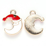 Alloy Enamel Pendants, for Christmas, Moon with Christmas Hat, Light Gold, White, 20x16x2mm, Hole: 2mm(X-ENAM-S121-008)