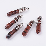 Natural Obsidian Big Pointed Pendants, with Alloy Findings, Faceted, Bullet, Platinum, 59~63x11~12mm, Hole: 4x7mm(G-G738-A-01)