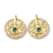 Brass Clear and Green Cubic Zirconia  Pendants, with Jump Ring, Long-Lasting Plated, Lead Free & Cadmium Free, Flat Round with Eye Pattern, Real 18K Gold Plated, Green, 18x3.5mm, Jump Ring: 5x0.8mm, 3.5mm Inner Diameter(ZIRC-C024-30G)