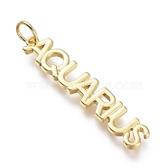 Brass Pendants, with Jump Rings, Long-Lasting Plated, Constellation/Zodiac Sign, Word, Aquarius, 37.5x7x2mm, Hole: 4.5mm(ZIRC-I048-15G-04)