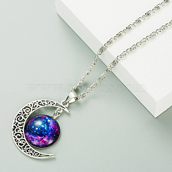 Alloy and Glass Crescent Moon Planet Pendant Necklaces, Antique Silver, Medium Blue, 18.11 inch(46cm)(FS-WG0F6DF-02)