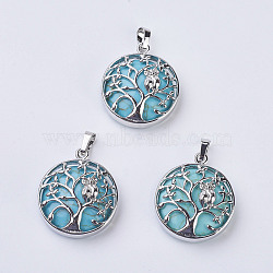 Synthetic Turquoise Pendants, with Brass Findings, Flat Round with Tree of Life, Platinum, 31~32x27x8~9mm, Hole: 5x7mm(G-K234-E08)