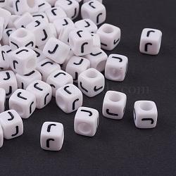 Acrylic Horizontal Hole Letter Beads, Cube, White, Letter J, Size: about 6mm wide, 6mm long, 6mm high, hole: about 3.2mm, about 2600pcs/500g(PL37C9308-J)