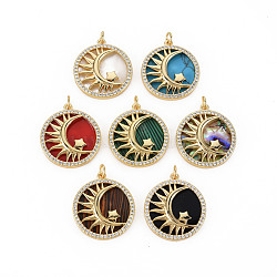 Brass Micro Pave Clear Cubic Zirconia Pendants, with Shell & Synthetic Stone & Acrylic and Jump Ring, Real 16K Gold Plated, Flat Round with Moon & Star, Nickel Free, Mixed Color, 25x22x4mm, Jump Ring: 5x1mm, 3mm inner diameter(KK-N227-69-NF)