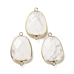 Natural Howlite Faceted Connector Charms, Rack Plating Brass Teardrop Charms, Cadmium Free & Lead Free, 33.5~34x21x6~6.5mm, Hole: 2mm(G-F763-02G-05)